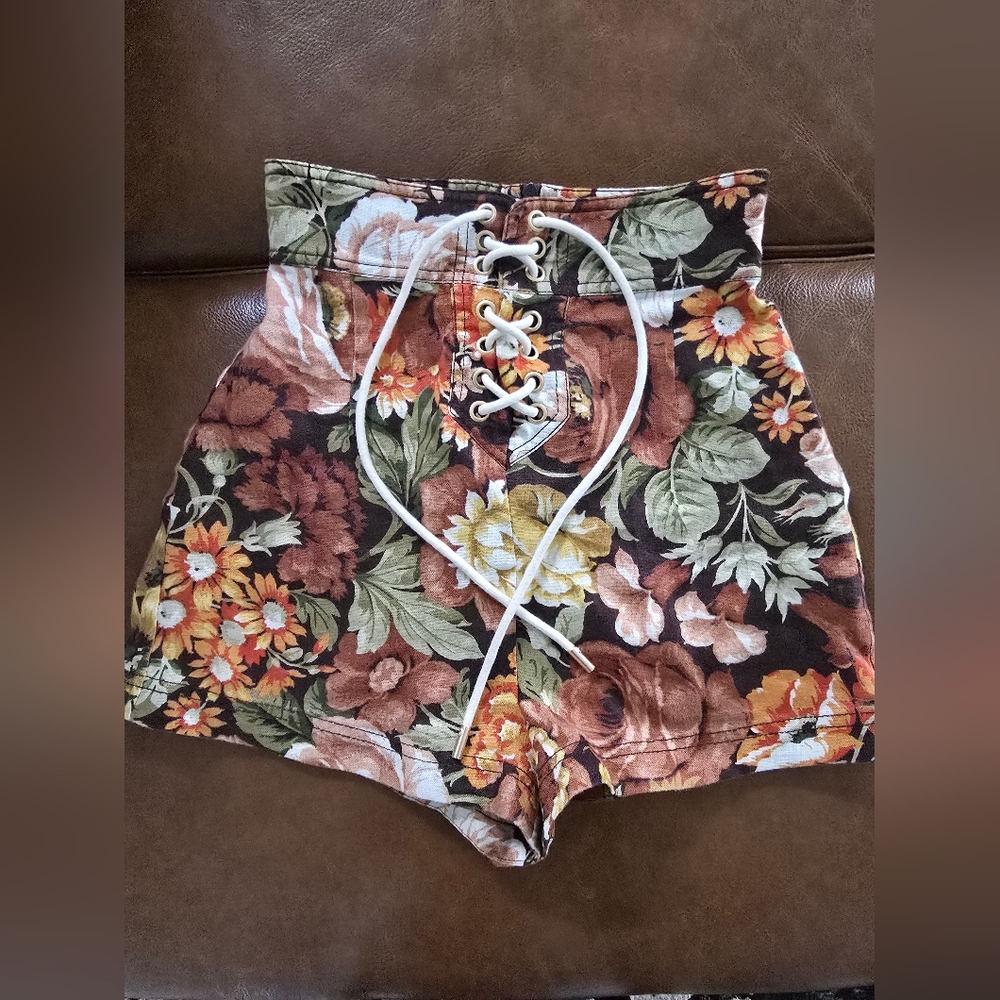 Zimmermann Lace Up High Waist Floral Shorts